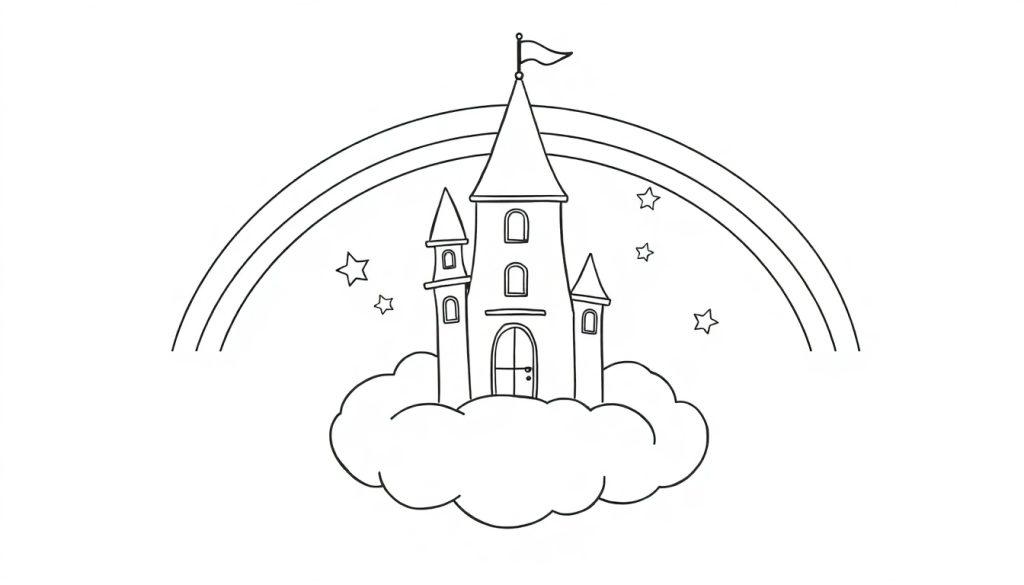 Schwarz-weiße Ausmalfigur einer Märchenburg auf einer Wolke mit einem Regenbogen und Sternen – eine Farbtafel.