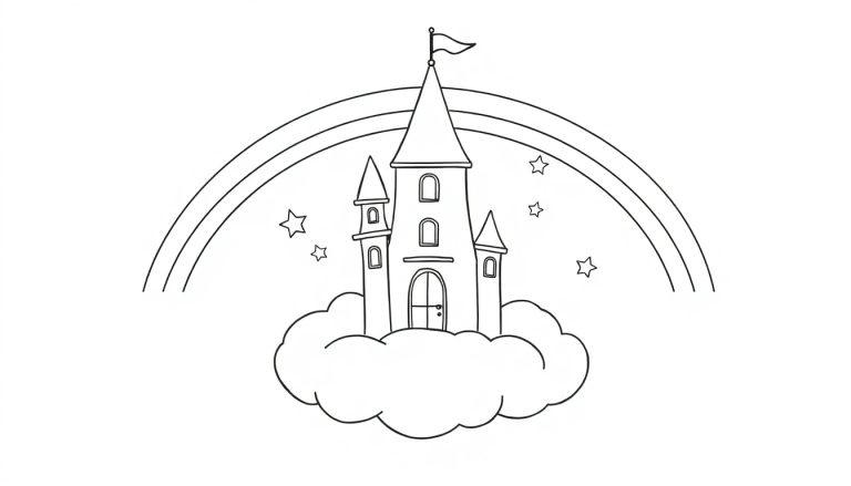 Schwarz-weiße Ausmalfigur einer Märchenburg auf einer Wolke mit einem Regenbogen und Sternen – eine Farbtafel.