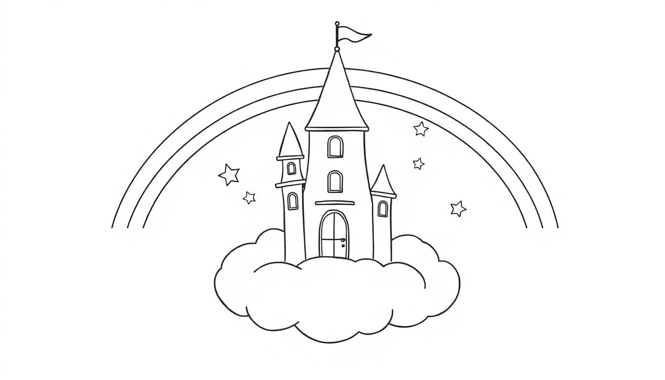Schwarz-weiße Ausmalfigur einer Märchenburg auf einer Wolke mit einem Regenbogen und Sternen – eine Farbtafel.
