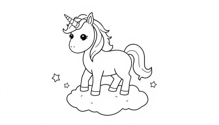Einhorn-Farbtafel auf einer Wolke mit Sternen