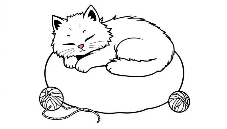 Eine süße, weißhaarige Katze mit schwarzen Umrissen schläft friedlich auf einem weißen Kissen. Die Farbtafel zeigt Wollknäuel am unteren Rand des Kissens.