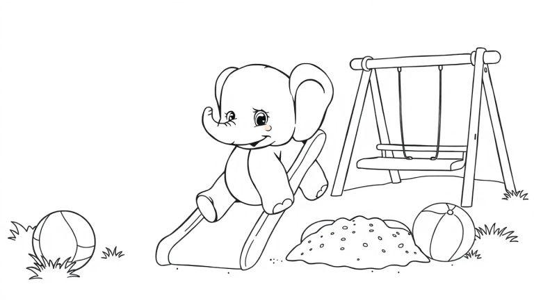 Eine Schwarz-Weiß-Farbtafel eines Cartoon-Elefanten, der eine Rutsche hinunterrutscht, auf einem Spielplatz mit Schaukel und Sandhaufen.