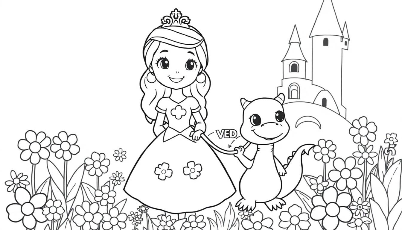 Eine Prinzessin mit einer Krone führt einen kleinen, lächelnden Drachen an einer Leine durch eine Blumenwiese vor einem Schloss.