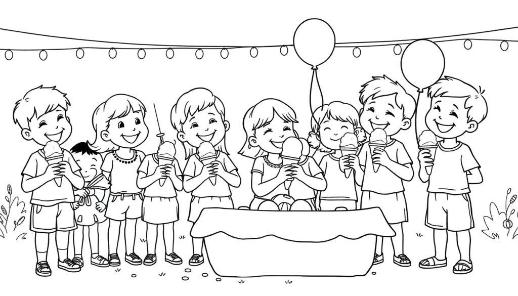 Eine schwarz-weiße Farbtafel einer Gruppe fröhlicher Kinder, die sich um einen leeren Eiswagen versammeln, mit Lichtern und Ballons darüber.