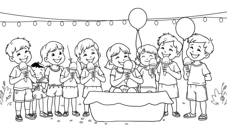 Eine schwarz-weiße Farbtafel einer Gruppe fröhlicher Kinder, die sich um einen leeren Eiswagen versammeln, mit Lichtern und Ballons darüber.