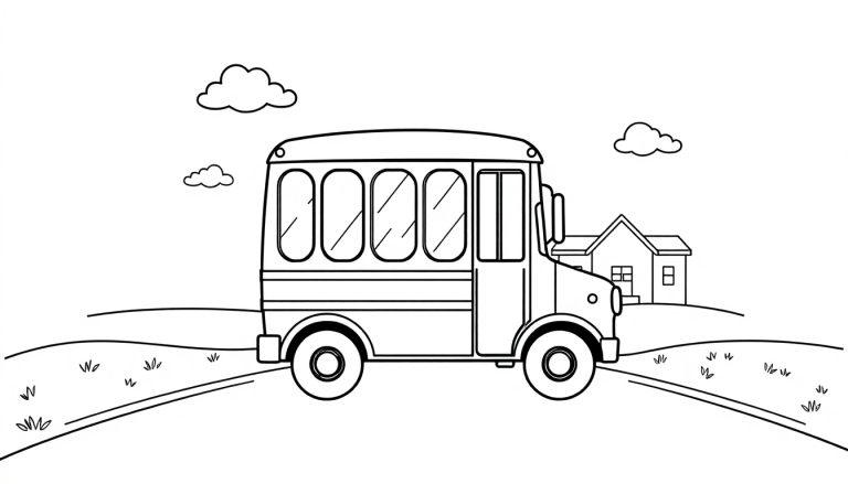 Farbtafel: Schwarz-weiße Illustration eines kleinen Shuttle-Busses mit großen Fenstern und Rädern, der auf einer Straße mit Hügeln und einem Haus im Hintergrund fährt.
