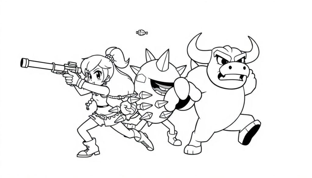 Eine Cartoon-Heldin mit Waffe, bereit für das Abenteuer, als Farbtafel zum Ausmalen.