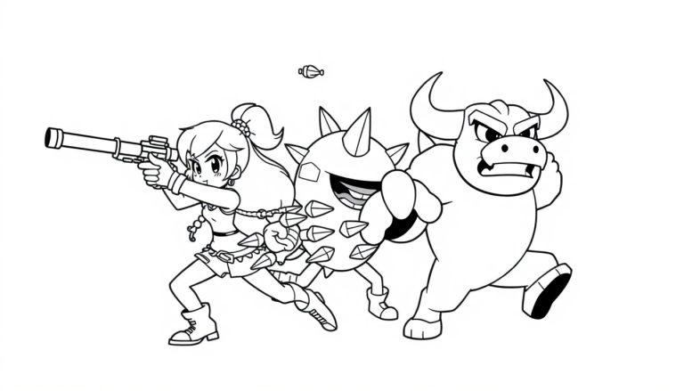 Eine Cartoon-Heldin mit Waffe, bereit für das Abenteuer, als Farbtafel zum Ausmalen.