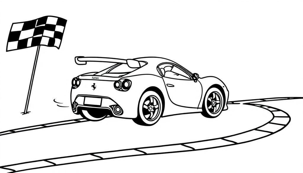 Eine Schwarz-Weiß-Farbtafel-Illustration eines lächelnden Ferraris mit erhobenen Rädern, der über eine Ziellinie fährt.