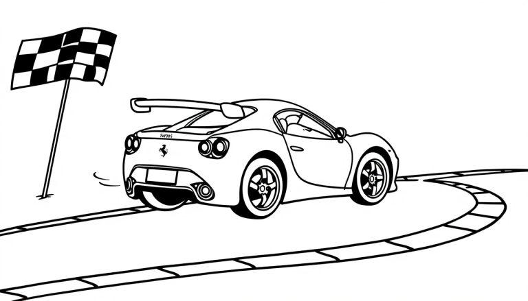 Eine Schwarz-Weiß-Farbtafel-Illustration eines lächelnden Ferraris mit erhobenen Rädern, der über eine Ziellinie fährt.