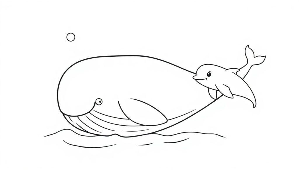 Eine Schwarz-Weiß-Farbtafel, die einen großen, niedlichen Wal und einen kleineren Delfin zeigt, die im Meer schwimmen.