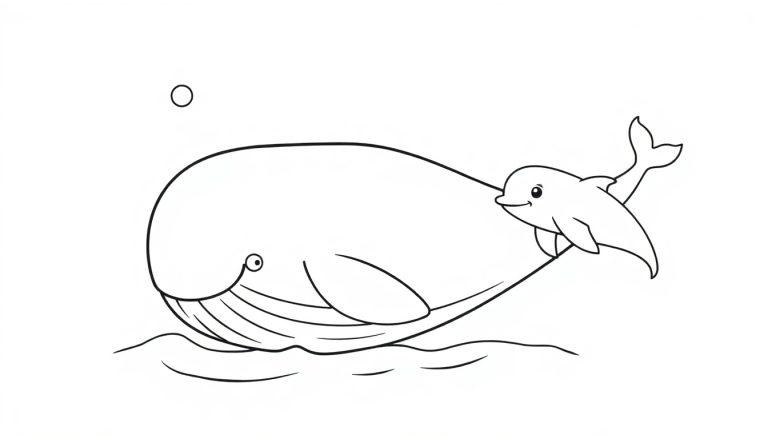 Eine Schwarz-Weiß-Farbtafel, die einen großen, niedlichen Wal und einen kleineren Delfin zeigt, die im Meer schwimmen.