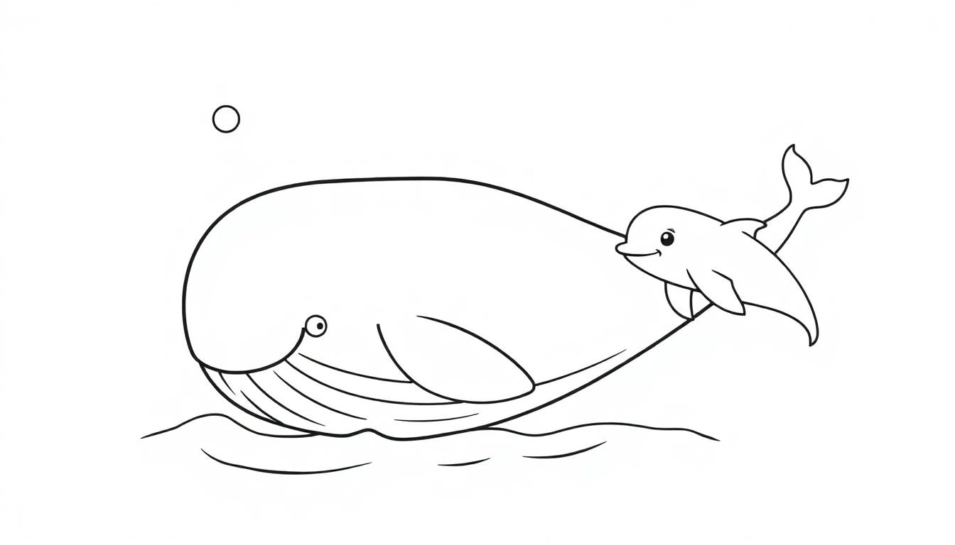 Eine Schwarz-Weiß-Farbtafel, die einen großen, niedlichen Wal und einen kleineren Delfin zeigt, die im Meer schwimmen.