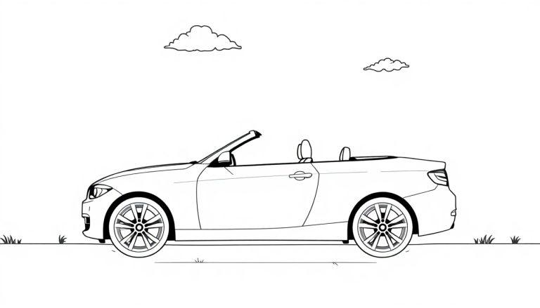 Eine Farbtafel-Zeichnung eines weißen BMW Cabrios auf einer grünen Straße.