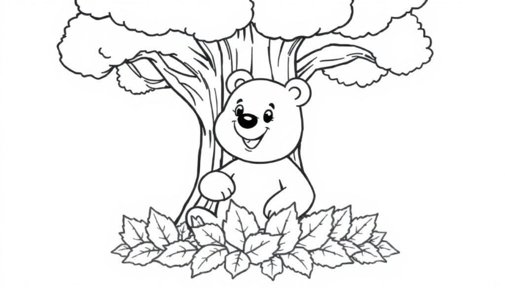 Ein niedlicher Cartoon-Bär versteckt sich in den Blättern eines Baumes, bereit zum Ausmalen auf dieser Farbtafel.