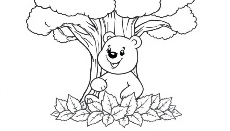 Ein niedlicher Cartoon-Bär versteckt sich in den Blättern eines Baumes, bereit zum Ausmalen auf dieser Farbtafel.