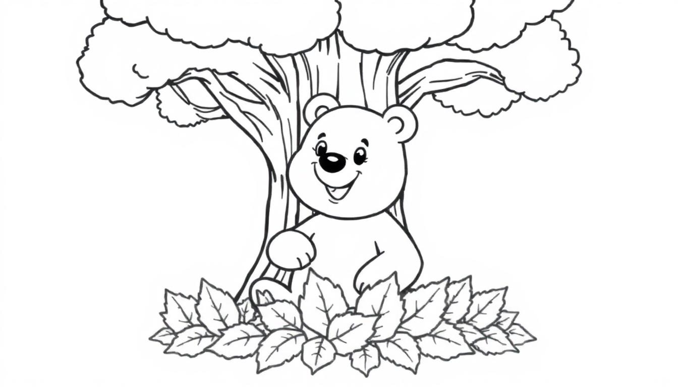 Ein niedlicher Cartoon-Bär versteckt sich in den Blättern eines Baumes, bereit zum Ausmalen auf dieser Farbtafel.