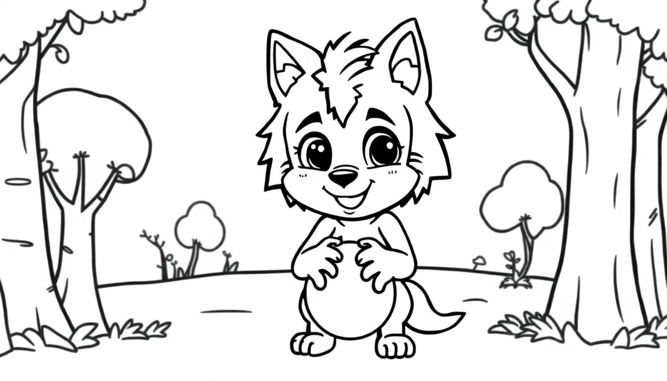 Niedlicher Cartoon-Wolf mit Ball im Wald