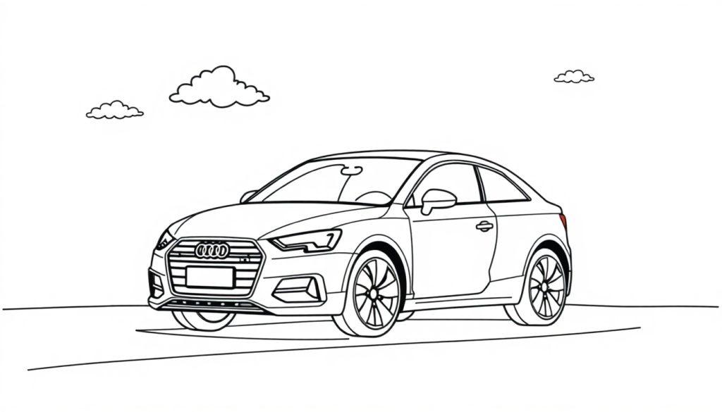 Eine Schwarz-Weiß-Farbtafel eines Audi Coupés, das von vorne bis zur Seite betrachtet wird, mit Wolken im Himmel.