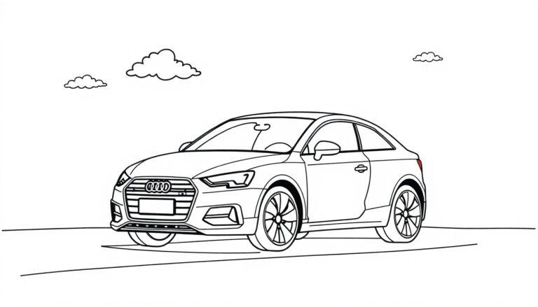 Eine Schwarz-Weiß-Farbtafel eines Audi Coupés, das von vorne bis zur Seite betrachtet wird, mit Wolken im Himmel.