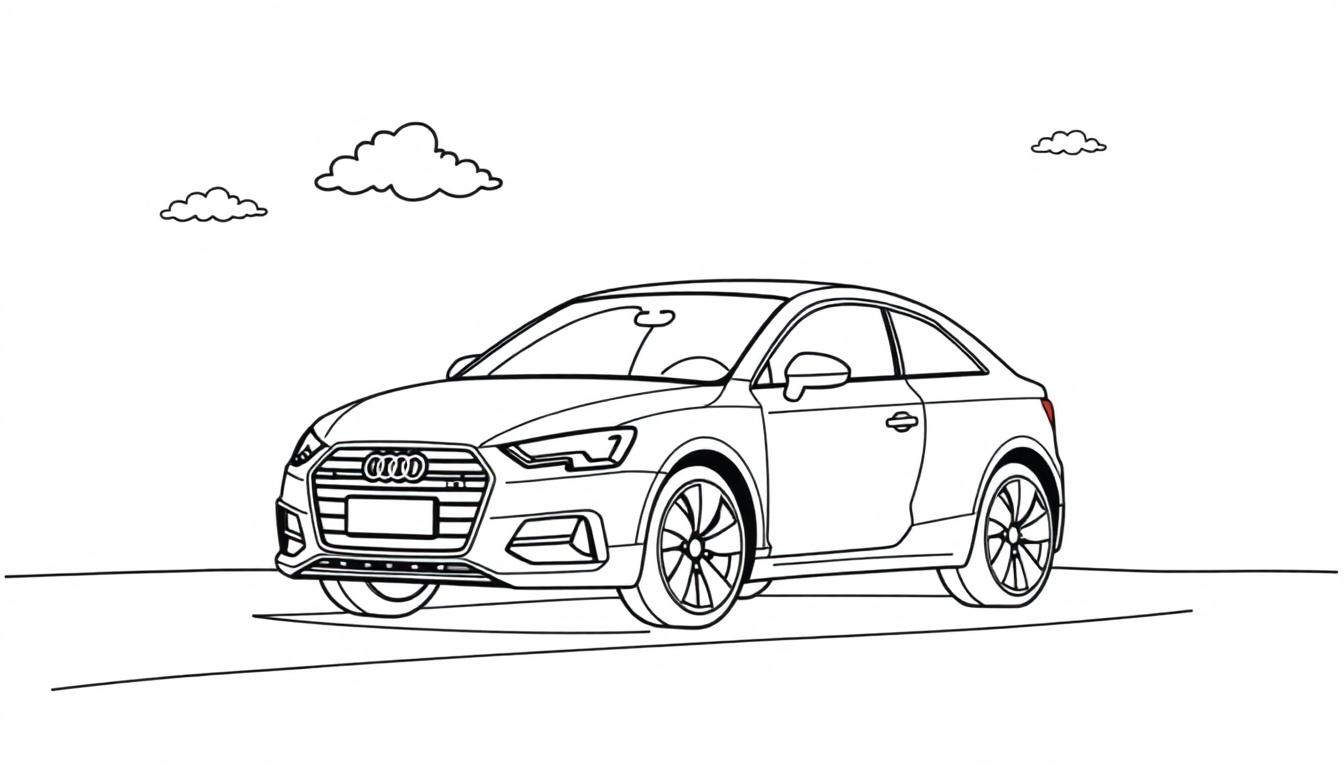 Eine Schwarz-Weiß-Farbtafel eines Audi Coupés, das von vorne bis zur Seite betrachtet wird, mit Wolken im Himmel.
