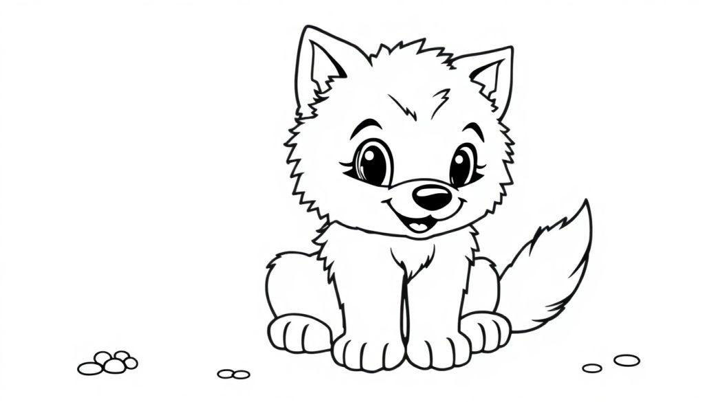 Schwarz-weißer Werwolf-Welpe, bereit zum Ausmalen, niedliche Farbtafel.