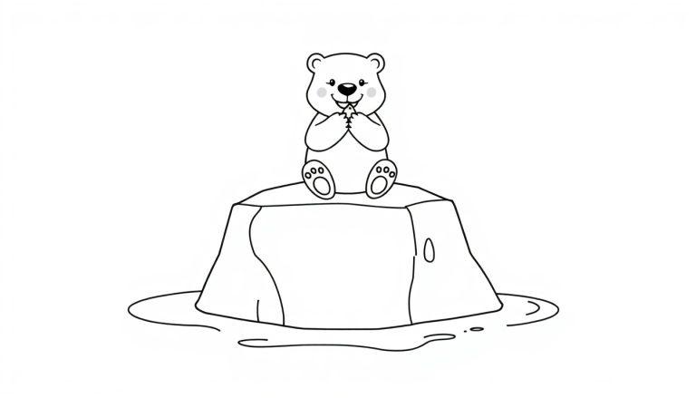 Eine Schwarz-Weiß-Farbtafel eines niedlichen Eisbären mit roten Wangen, der auf einem Eisberg sitzt und einen Fisch hält.