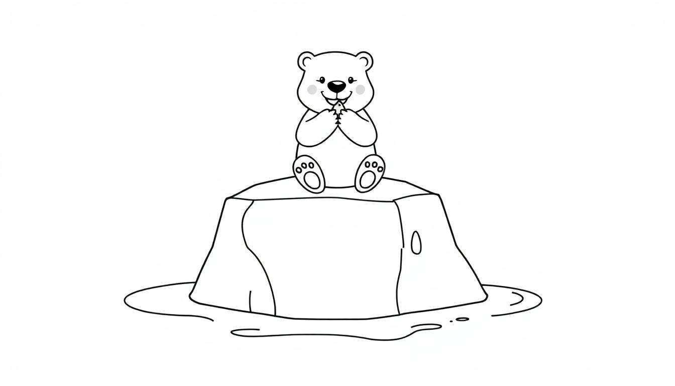 Eine Schwarz-Weiß-Farbtafel eines niedlichen Eisbären mit roten Wangen, der auf einem Eisberg sitzt und einen Fisch hält.