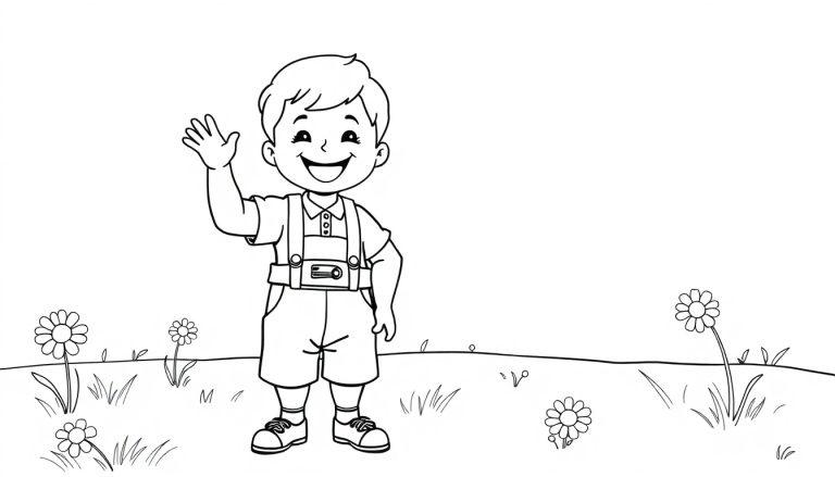Eine Schwarz-Weiß-Farbtafel-Illustration eines fröhlichen kleinen Jungen in Lederhosen, der auf einem Feld mit Gänseblümchen winkt.