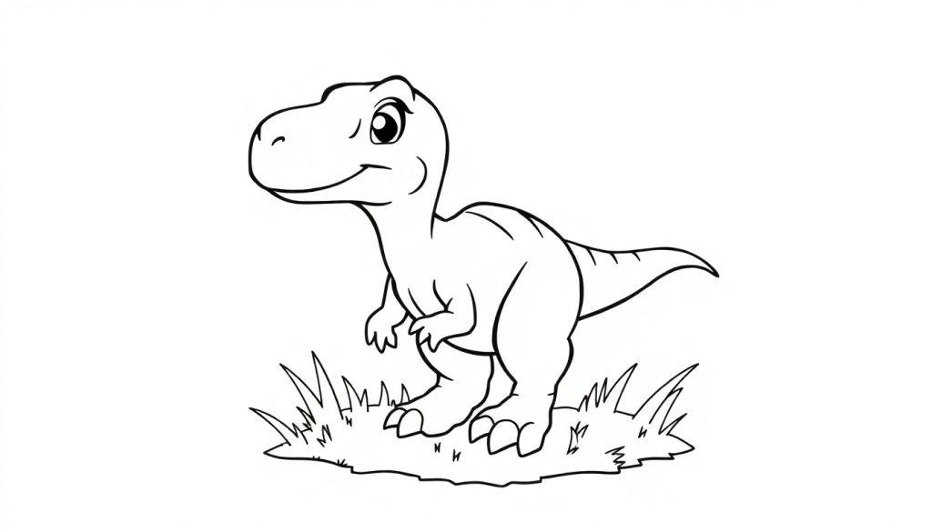 Schwarz-weiße Farbtafel eines niedlichen T-Rex-Babys auf einem Hügel.