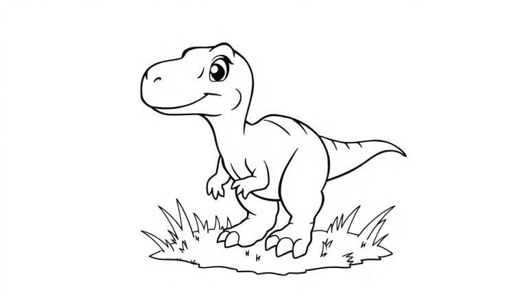 Schwarz-weiße Farbtafel eines niedlichen T-Rex-Babys auf einem Hügel.