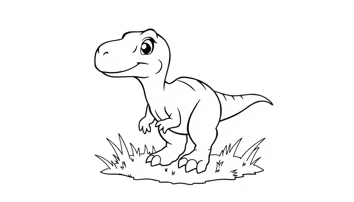Schwarz-weiße Farbtafel eines niedlichen T-Rex-Babys auf einem Hügel.