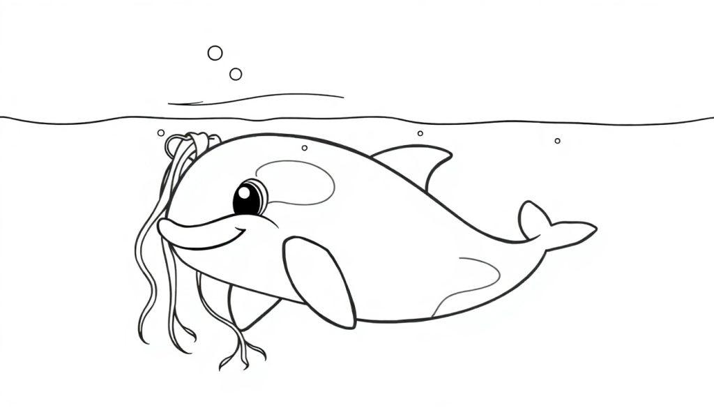 Eine Schwarz-Weiß-Farbtafel eines lächelnden Orcas, der im Wasser schwimmt und teilweise in Seegras gehüllt ist.