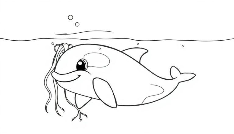 Eine Schwarz-Weiß-Farbtafel eines lächelnden Orcas, der im Wasser schwimmt und teilweise in Seegras gehüllt ist.