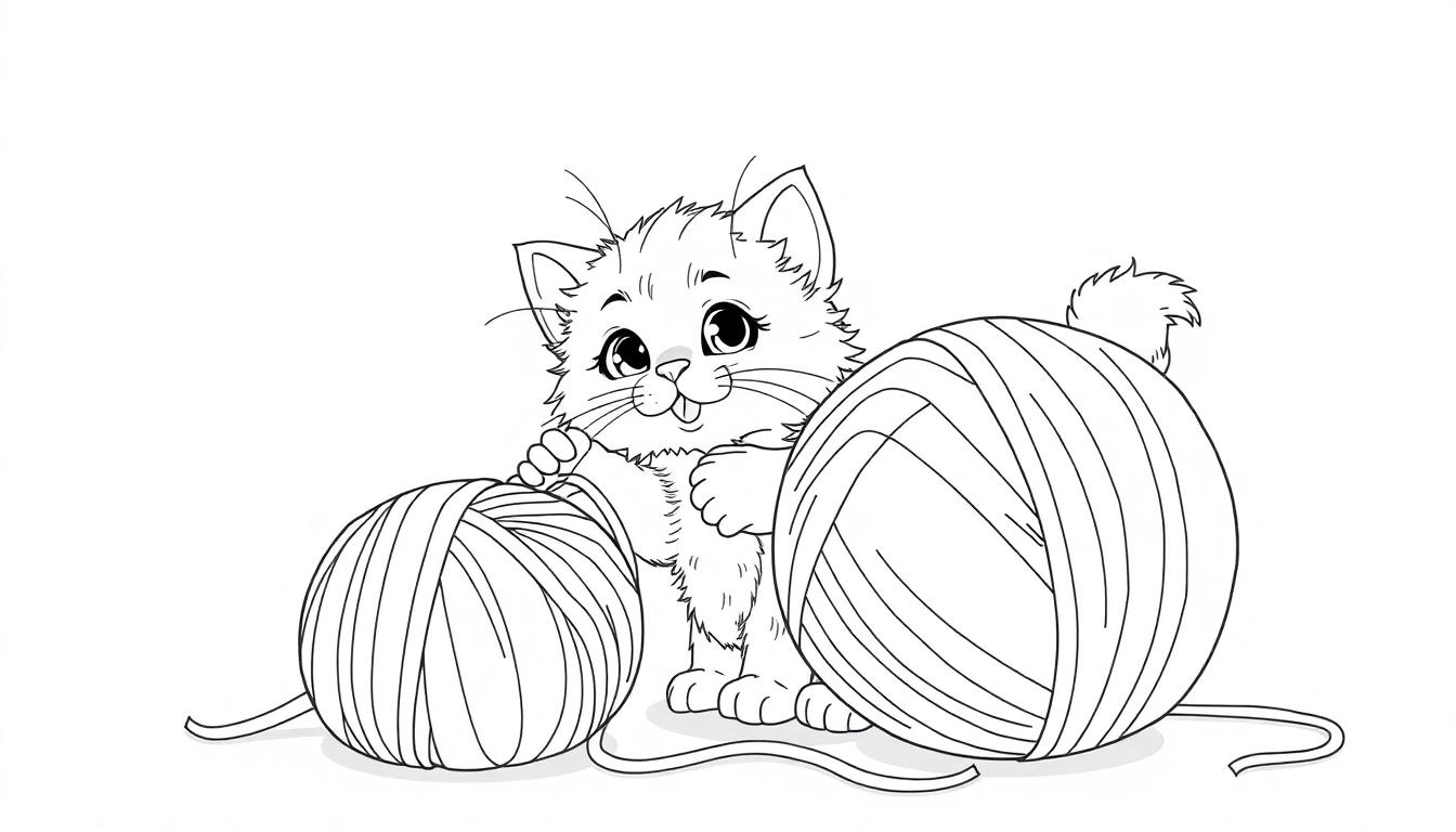 Schwarz-Weiß-Illustration einer Katze, die mit zwei Garnknäueln spielt.