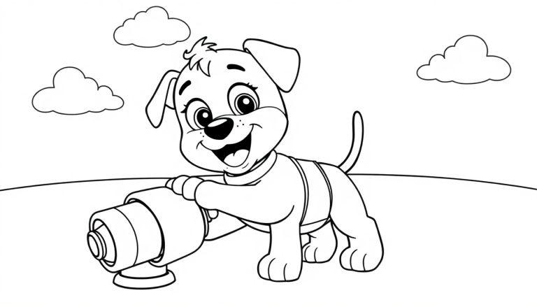 Ein lächelnder Paw Patrol Welpe, bereit zum Ausmalen, hält einen Gegenstand in der Pfote, auf einer Farbtafel-Illustration.