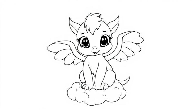 Eine niedliche Cartoon-Farbtafel eines Pony-Drachen-Wesens mit Flügeln und Hörnern, das auf einer Wolke sitzt.
