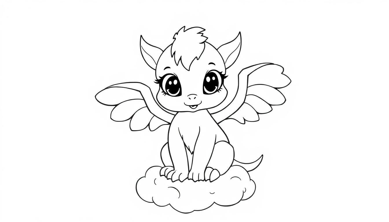 Eine niedliche Cartoon-Farbtafel eines Pony-Drachen-Wesens mit Flügeln und Hörnern, das auf einer Wolke sitzt.