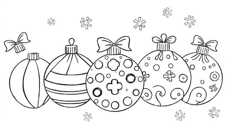 Schwarz-weiße Farbtafel von fünf verzierten Weihnachtskugeln in einer Reihe mit Schneeflocken im Hintergrund.