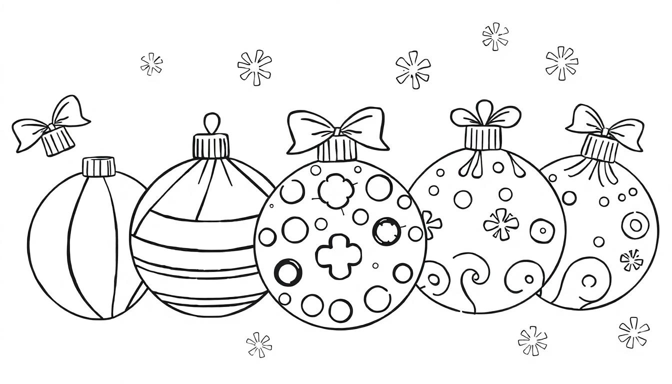 Schwarz-weiße Farbtafel von fünf verzierten Weihnachtskugeln in einer Reihe mit Schneeflocken im Hintergrund.