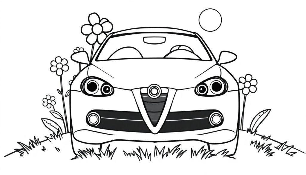 Schwarz-weiße Farbtafel eines niedlichen Alfa Romeo Cabrios inmitten eines blumenübersäten Feldes.