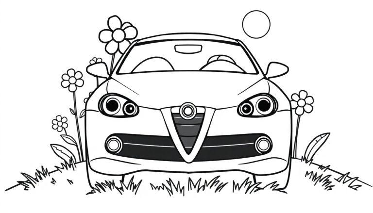 Schwarz-weiße Farbtafel eines niedlichen Alfa Romeo Cabrios inmitten eines blumenübersäten Feldes.