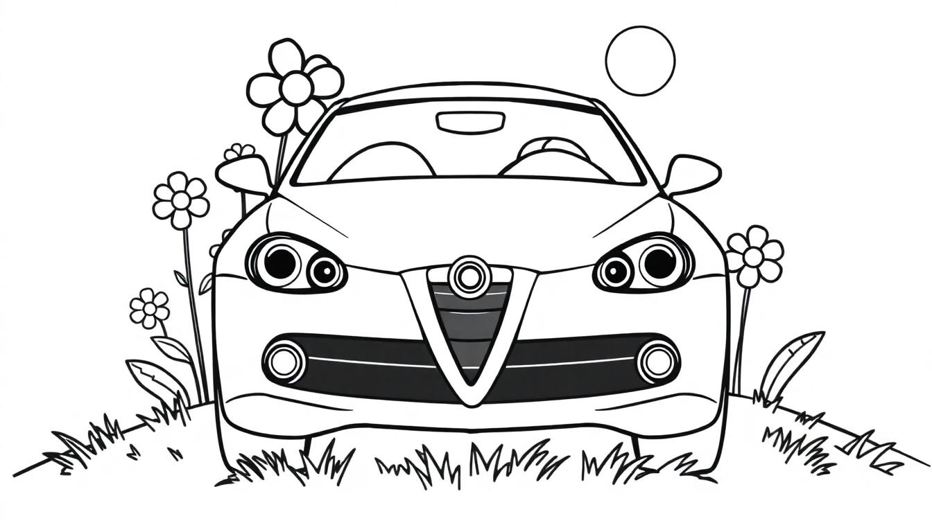 Schwarz-weiße Farbtafel eines niedlichen Alfa Romeo Cabrios inmitten eines blumenübersäten Feldes.