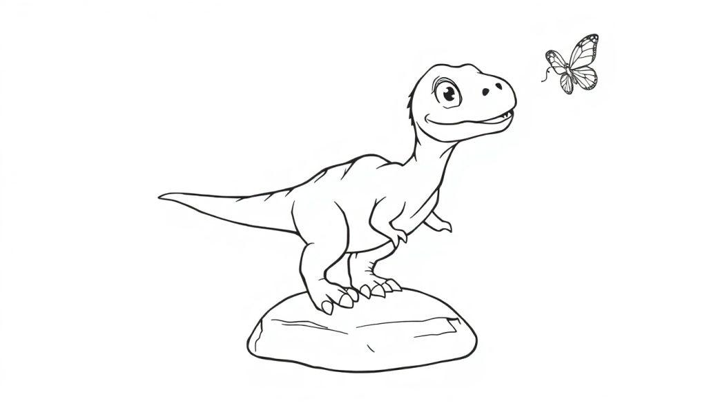 Eine niedliche Velociraptor-Farbtafel, die auf einem Stein sitzt und einen bunten Schmetterling betrachtet.