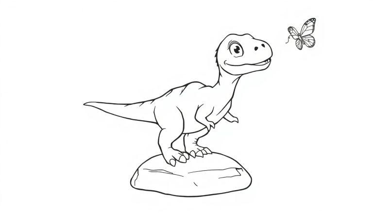 Eine niedliche Velociraptor-Farbtafel, die auf einem Stein sitzt und einen bunten Schmetterling betrachtet.