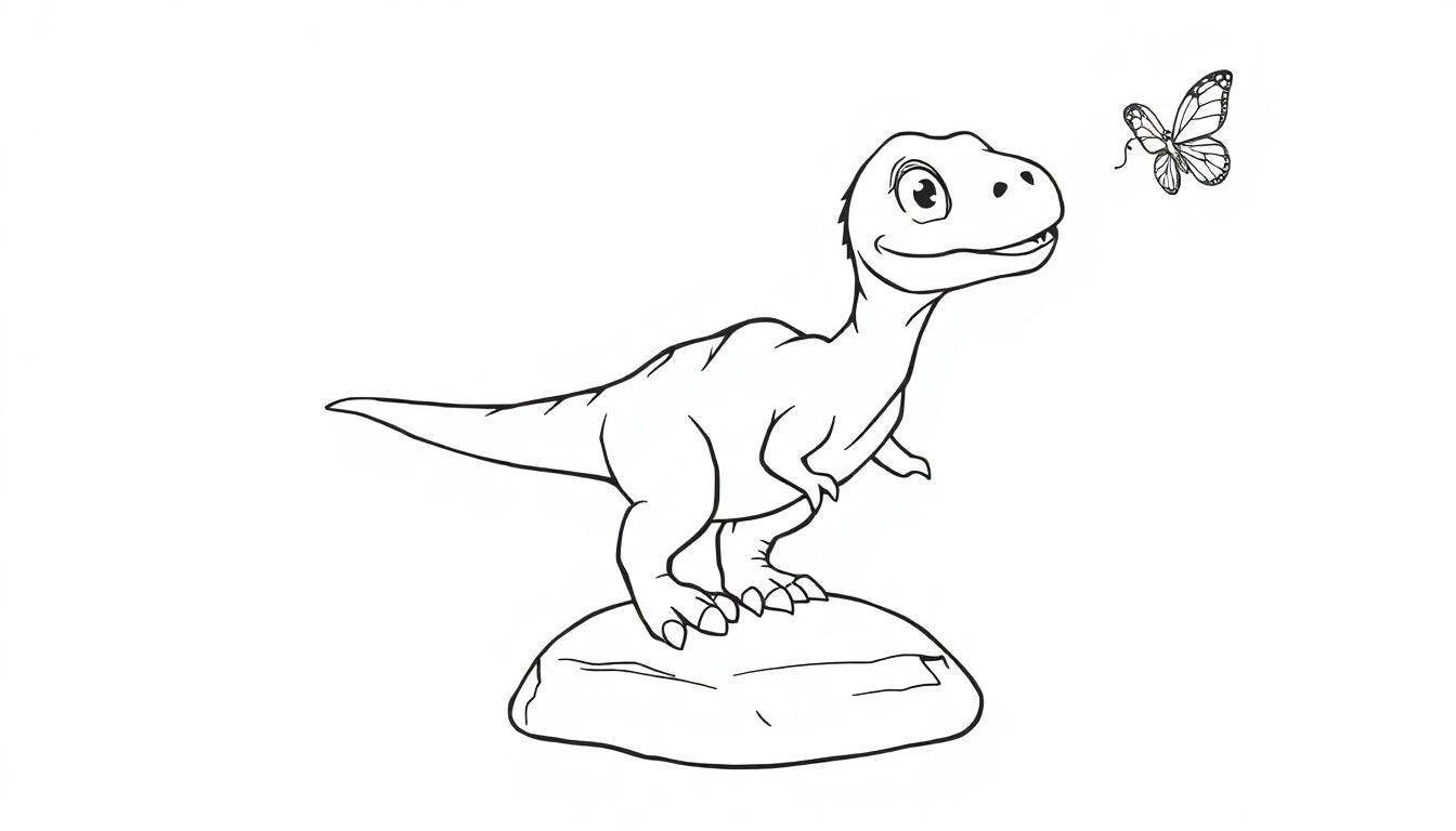 Eine niedliche Velociraptor-Farbtafel, die auf einem Stein sitzt und einen bunten Schmetterling betrachtet.