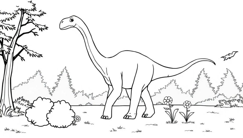 Schwarz-weiße Malvorlage eines freundlichen Brachiosaurus mit langem Hals im Wald.