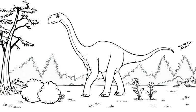 Schwarz-weiße Malvorlage eines freundlichen Brachiosaurus mit langem Hals im Wald.