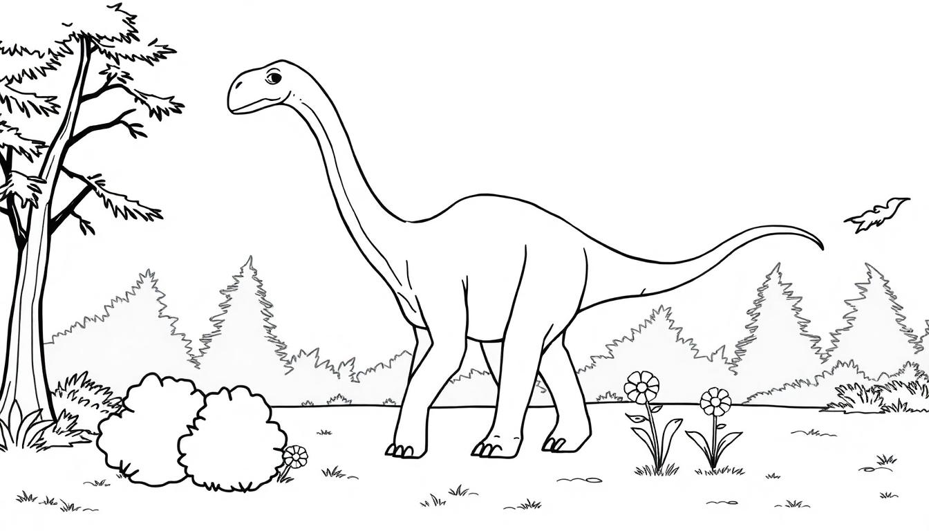 Schwarz-weiße Malvorlage eines freundlichen Brachiosaurus mit langem Hals im Wald.