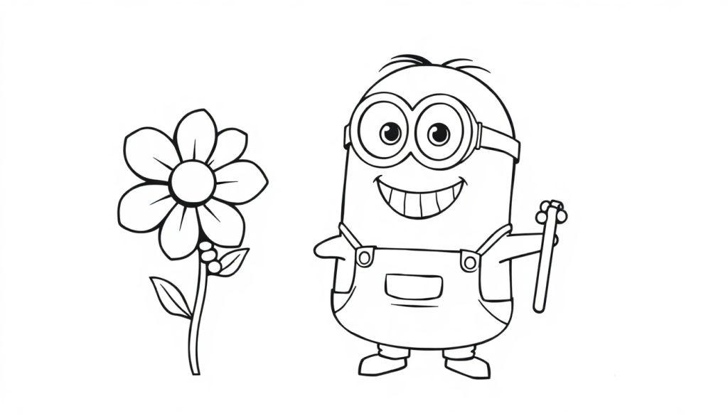 Schwarz-Weiß-Farbtafel eines lachenden Minions, der eine Blume mit einer Axt hält.